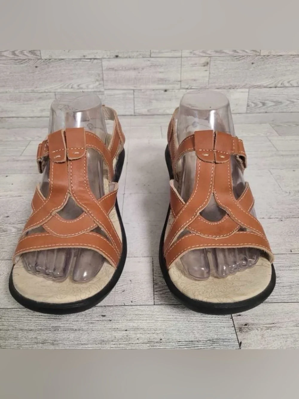 Women’s Spenco Medical Brown Leather Strappy Wedge Sandals Clogs Size 9